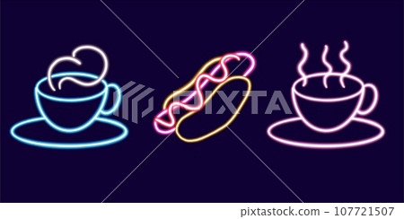 set coffee glowing desktop icon, neon cup sticker, neon hot-dog figure, glowing figure, neon cafe geometrical figures set coffee glowing desktop icon, neon cup sticker, neon hot-dog figure, glowing figure, neon cafe geometrical figures 107721507