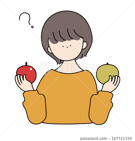 A girl holding apples and pears and smiling happily 107721550