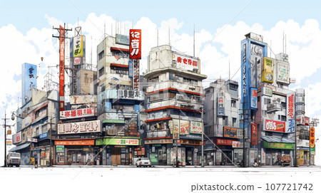 白天秋葉原建築城市景觀的水彩畫 白天秋葉原建築城市景觀的水彩畫 107721742