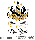 Happy New Year vector illustration with unicorn face. Girls New Year design isolated good for greetings cards, poster, print, sticker, invitations, baby t-shirt, mug, gifts. 107721960
