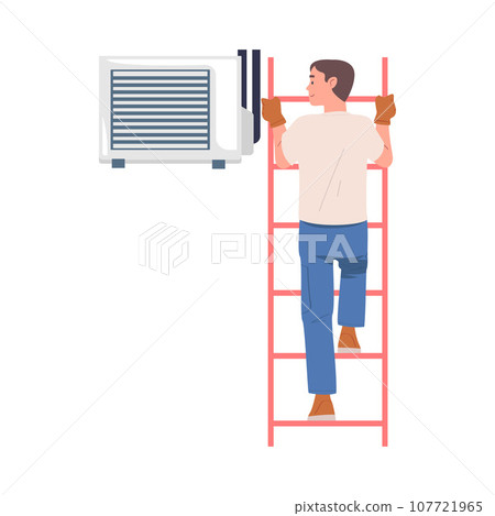Man Character on Ladder Fix and Repair Ventilation and Air Conditioner Vector Illustration 107721965