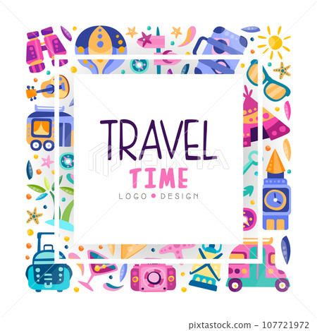 Travel and Adventure Banner Design with Journey Symbol Vector Template 107721972