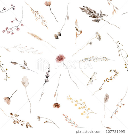 Seamless pattern made of brown, dark red and beige watercolor wild flowers and leaves illustration Seamless pattern made of brown, dark red and beige watercolor wild flowers and leaves illustration 107721995