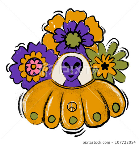 Hand drawn illustration of cute funny alien in ufo spacship saucer, colorful hippie groovy flowers. peace space cosmos concept invasion, cartoon comic character, retro 50s 60s vintage art print. 107722054