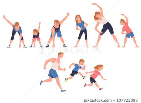 Happy Family Engaged in Sport Activity Doing Physical Exercises Vector Set Happy Family Engaged in Sport Activity Doing Physical Exercises Vector Set 107722098