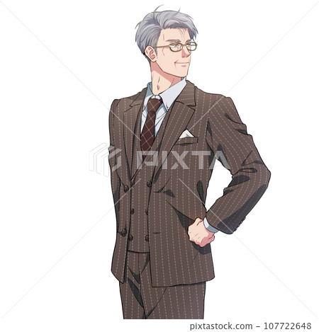 A middle-aged man in a suit standing with his hands on his hips 107722648
