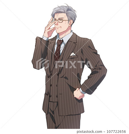 A middle-aged man in a suit putting on his glasses A middle-aged man in a suit putting on his glasses 107722656