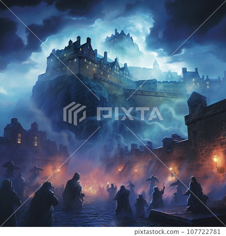 Enchanting artwork of Edinburgh Castle emerging from mist with ethereal lights dancing in the night sky Enchanting artwork of Edinburgh Castle emerging from mist with ethereal lights dancing in the night sky 107722781