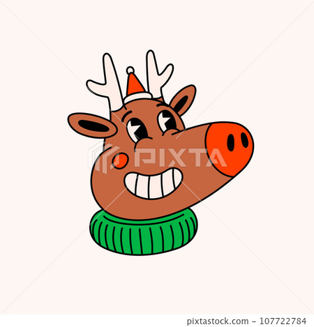 Retro style Funny cartoon reindeer in Santa hat. Groovy vintage 70s deer character with a cheerful expression. Ideal for Christmas and New Year sticker designs and decorations Retro style Funny cartoon reindeer in Santa hat. Groovy vintage 70s deer character with a cheerful expression. Ideal for Christmas and New Year sticker designs and decorations 107722784
