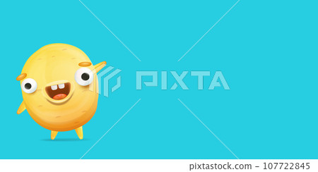 Vector cartoon funny yellow alien monster isolated on blue background. Smiling silly yellow monster print sticker design template. Cute Ghost, troll, gremlin, goblin, devil and halloween monster 107722845