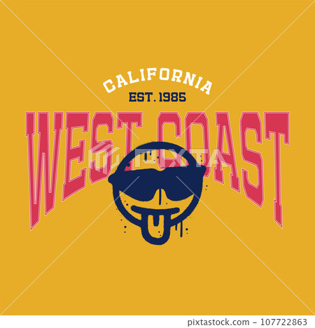West coast - - humorous typography slogan stylization with graffiti emoji for t shirt printing, tee graphic design. Retro college varsity typography west coast California slogan print for tee. Vector 107722863