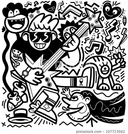black and white doodle of a man with a guitar, in the style of playful characters ,Illustration Vector black and white doodle of a man with a guitar, in the style of playful characters ,Illustration Vector 107723082