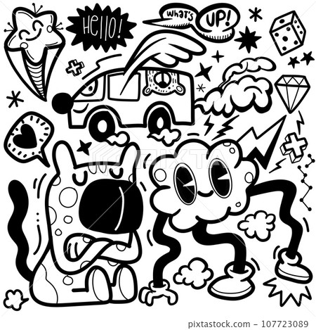 Doodle, black and white drawing of a drawing of cartoon characters, in the style of psychedelic neon, chilling creatures, messy, organic forms and shapes, kawaii, line art  cartoon ,Illustration 107723089