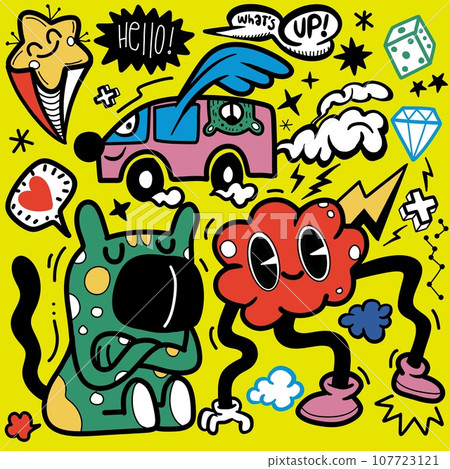 Doodle, hand drawn illustration of colorful cartoon characters, in the style of psychedelic absurdism, bold outlines 107723121