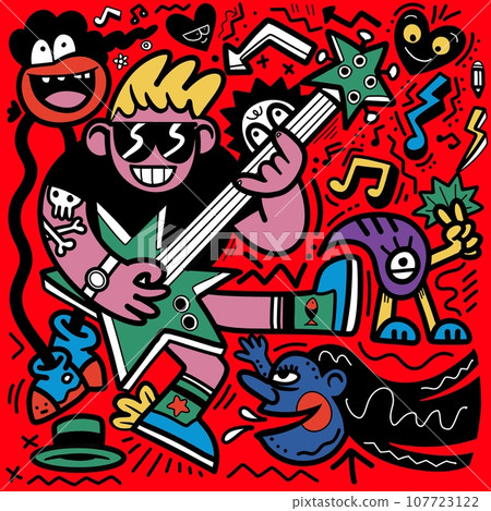 Doodle, cartoon character plays a guitar on a red background, in the style of distorted figures and forms 107723122