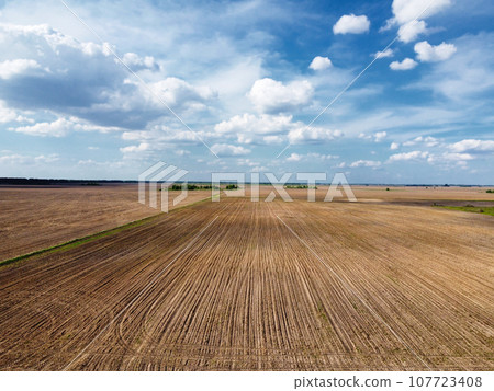 Beautiful cloudy sky over plowed farm fields. Agricultural landscape. 107723408