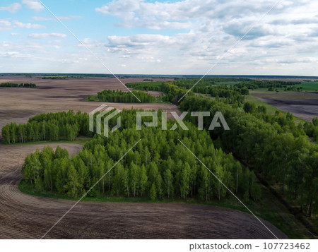 Green grove surrounded by plowed fields, aerial view. Beautiful landscape. Green grove surrounded by plowed fields, aerial view. Beautiful landscape. 107723462