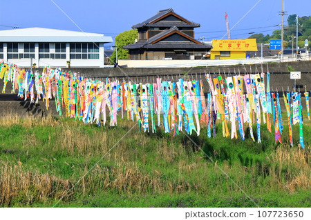 Handmade carp streamers by elementary school students swimming along the riverbed (Boys' Festival) Handmade carp streamers by elementary school students swimming along the riverbed (Boys' Festival) 107723650