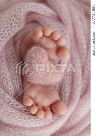 Closeup of toes, heels and feet of a newborn. Knitted pink heart in the legs of baby.The tiny foot of a newborn baby. Soft feet of a new born in a wool pink blanket. Macro studio photography.  107723696