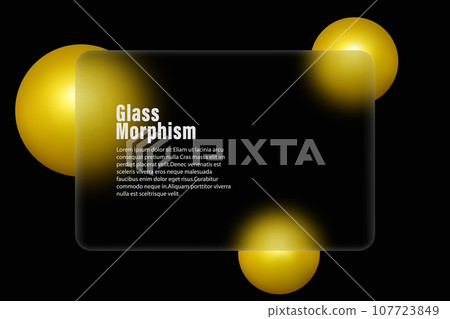 Horizontal black banner with glass overlay effect with 3D balls in glass morphism style. 107723849