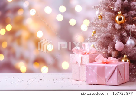 Pink Christmas Elegance with Copy Space. Generative AI. Pink Christmas Elegance with Copy Space. Generative AI. 107723877