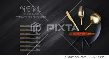 Realistic 3D golden fork and spoon on a black grunge background. Fashionable modern poster for a restaurant. Top view vector illustration. 107723948