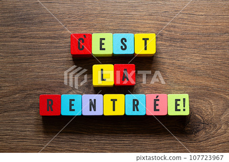 Cest la rentree - back to school in french, word concept on building blocks, text Cest la rentree - back to school in french, word concept on building blocks, text 107723967