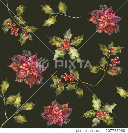 Watercolor Christmas seamless pattern with poinsettia, holly and mistletoe sprigs with berries. Hand painted holiday flowers isolated on dark green background for design, print, fabric or background. Watercolor Christmas seamless pattern with poinsettia, holly and mistletoe sprigs with berries. Hand painted holiday flowers isolated on dark green background for design, print, fabric or background. 107723968