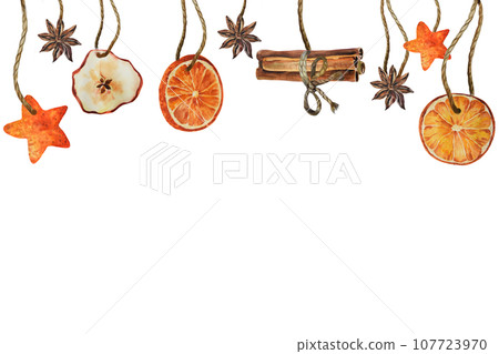 Watercolor Christmas template with dry oranges, sticks almond anise star. Hand painted holiday elements with winter plants isolated on white background 107723970