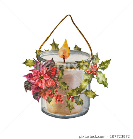 Watercolor illustration with candle in glass bottle and Christmas floral decor. Holiday aesthetic, winter celebration, home decor for wedding, christmas, new year. 107723972