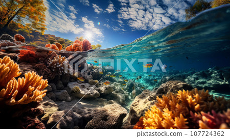 The beautiful view under the water is full of fish and coral ree The beautiful view under the water is full of fish and coral ree 107724362