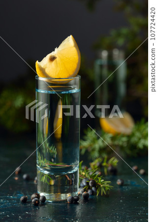 Glass of gin with juniper berries and lemon slices on a dark blue table. 107724420