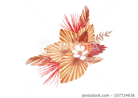 Watercolor realistic composition on autumn theme - bouquet of leaves. Hand-drawn illustration isolated on white background. Perfect for menu cafe, template natural food, cooking, packing food, card 107724636