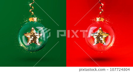 Christmas decorations glass transparent balls with a gold star. Set of Christmas balls with shiny star on red and green background Christmas decorations glass transparent balls with a gold star. Set of Christmas balls with shiny star on red and green background 107724804