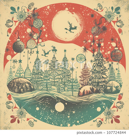 Christmas background in vintage retro postcard style, balls, stars, Christmas trees, creative unusual wallpaper 107724844