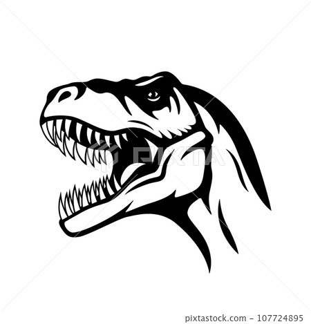 Vector Black and White Tyrannosaurus Rex Head Icon, Cutout Silhouette Illustration, Design Template for T-Shirt Printing, Textile, Stickers, Art etc 107724895