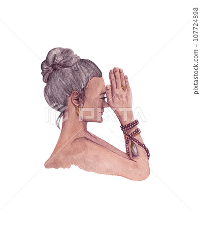 Profile of a girl with her palms folded on the bridge of her nose in Indian namaste. Isolated watercolor illustration Profile of a girl with her palms folded on the bridge of her nose in Indian namaste. Isolated watercolor illustration 107724898