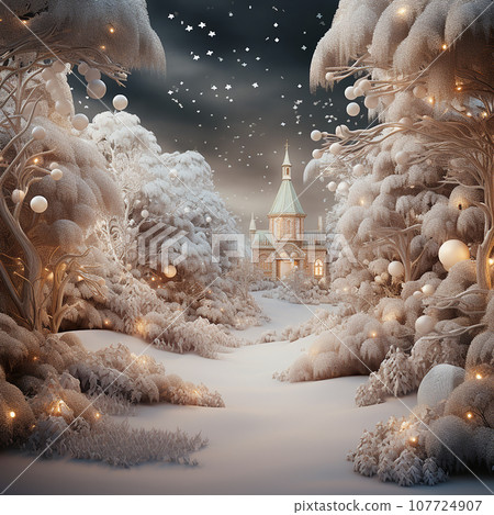 Beautiful Christmas background, nature concept, Christmas trees covered with snow, bright illumination, beautiful winter holiday landscape, New Year's fairy tale Beautiful Christmas background, nature concept, Christmas trees covered with snow, bright illumination, beautiful winter holiday landscape, New Year's fairy tale 107724907
