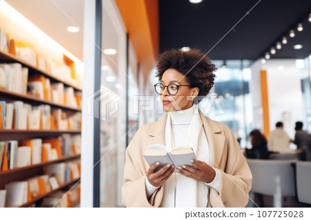 Beautiful African American woman looking for a book in bookstore Beautiful African American woman looking for a book in bookstore 107725028