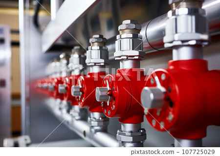 Pipeline connection terminal. Equipment with valves for reloading, connecting, to start shipping close-up Pipeline connection terminal. Equipment with valves for reloading, connecting, to start shipping close-up 107725029