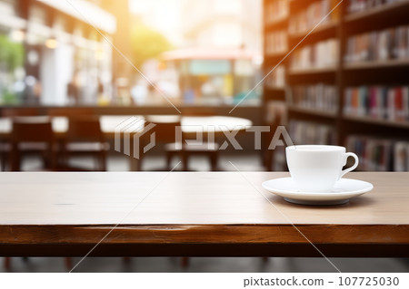 Bookstore third space background. Empty tabletop on blurred background of bookshelves Bookstore third space background. Empty tabletop on blurred background of bookshelves 107725030