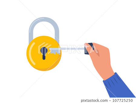 Hand holding key to unlock padlock. Metal key and a yellow lock. Vector illustration. 107725250