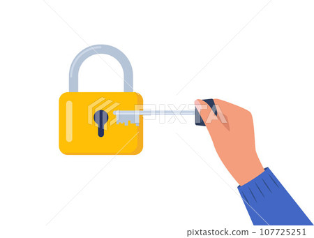 Hand holding key to unlock padlock. Metal key and a yellow lock. Vector illustration. 107725251