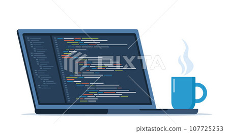 Laptop with cup of coffee. Workplace of coder, online programmer. Coding and programming, developing sites using special language. Vector illustration. Laptop with cup of coffee. Workplace of coder, online programmer. Coding and programming, developing sites using special language. Vector illustration. 107725253