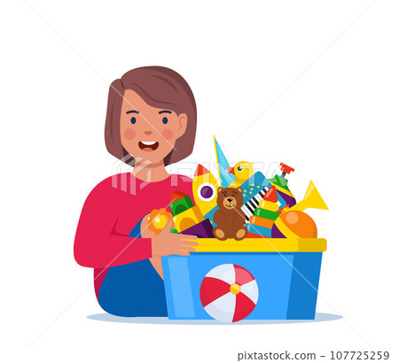 Happy girl kid holding toy box full of toys. Cubes, whirligig, duck, ball rattle, pyramid, pipe, bear, ball, rocket, tambourine, boat. Vector illustration. Happy girl kid holding toy box full of toys. Cubes, whirligig, duck, ball rattle, pyramid, pipe, bear, ball, rocket, tambourine, boat. Vector illustration. 107725259