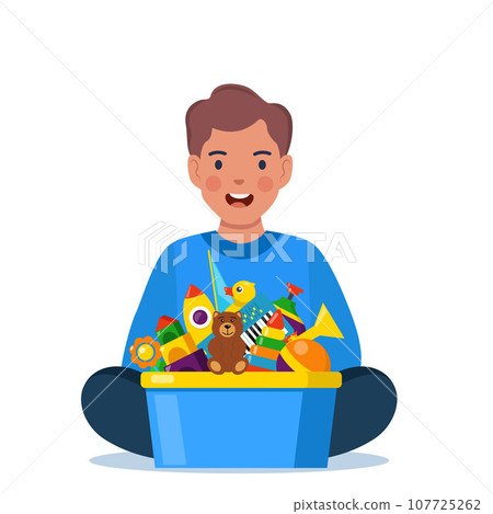 Happy boy kid holding toy box full of toys. Cubes, whirligig, duck, ball rattle, pyramid, pipe, bear, ball, rocket, tambourine, boat. Vector illustration. 107725262