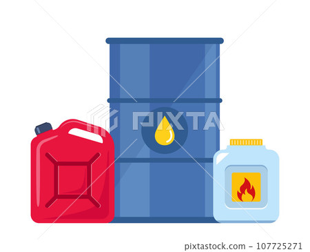 Chemical containers, jerrycan, barrel. Steel storage cask for oil fuel. Gas and petroleum cask. Plastic bottle with flammable liquid. Vector illustration. 107725271