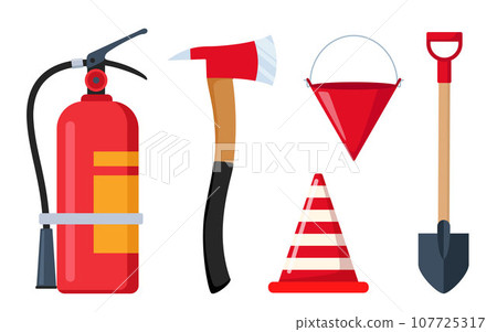 Firefighter emergency equipment set. Axe, hose, hydrant, extinguisher, safety traffic cone, spade fireman tools. Portable firefighter equipment for protection from flame spread. Vector illustration. 107725317
