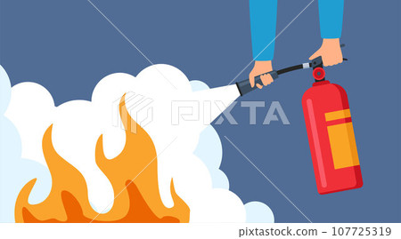 Fire extinguishing. Hands holding autonomous red fire extinguisher foam spills onto fire. Safety concept, protective warning. Vector 107725319