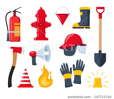 Firefighter emergency equipment set. Axe, hose, hydrant, extinguisher, safety traffic cone, spade fireman tools. Portable firefighter equipment for protection from flame spread. Vector illustration. Firefighter emergency equipment set. Axe, hose, hydrant, extinguisher, safety traffic cone, spade fireman tools. Portable firefighter equipment for protection from flame spread. Vector illustration. 107725320